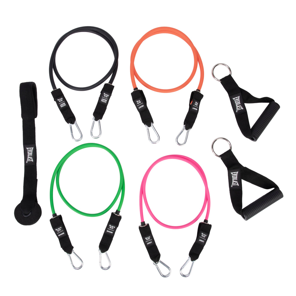 Everlast Power Cable Elite Resistance Set- Light, Medium, Heavy And Extra Heavy Resistance With Door Anchor And Carry Bag Pink/Green/Orange/Black