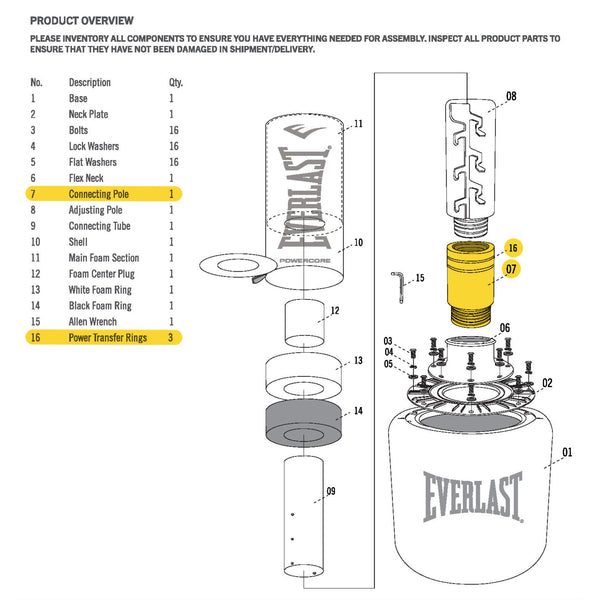 Everlast Powercore Freestanding Heavy Bag - Connecting Pole With Transfer Rings - Replacement Part Black & Yellow
