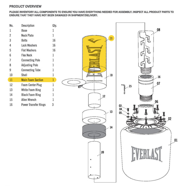 Everlast Powercore Freestanding Heavy Bag - Upper Main Foam Section - Replacement Part White