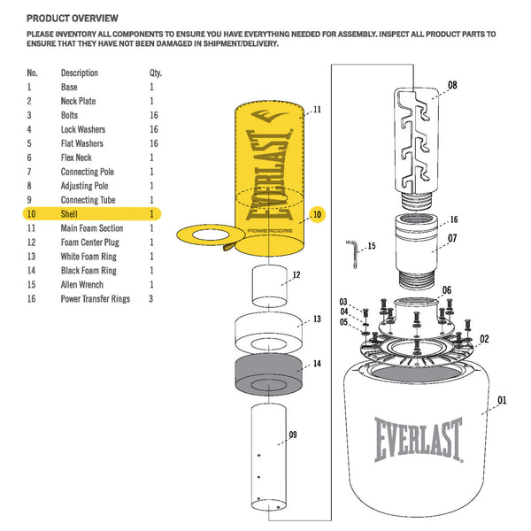 Everlast Powercore Freestanding Heavy Bag - Shell With Upper Main Foam Section - Replacement Part Black & White