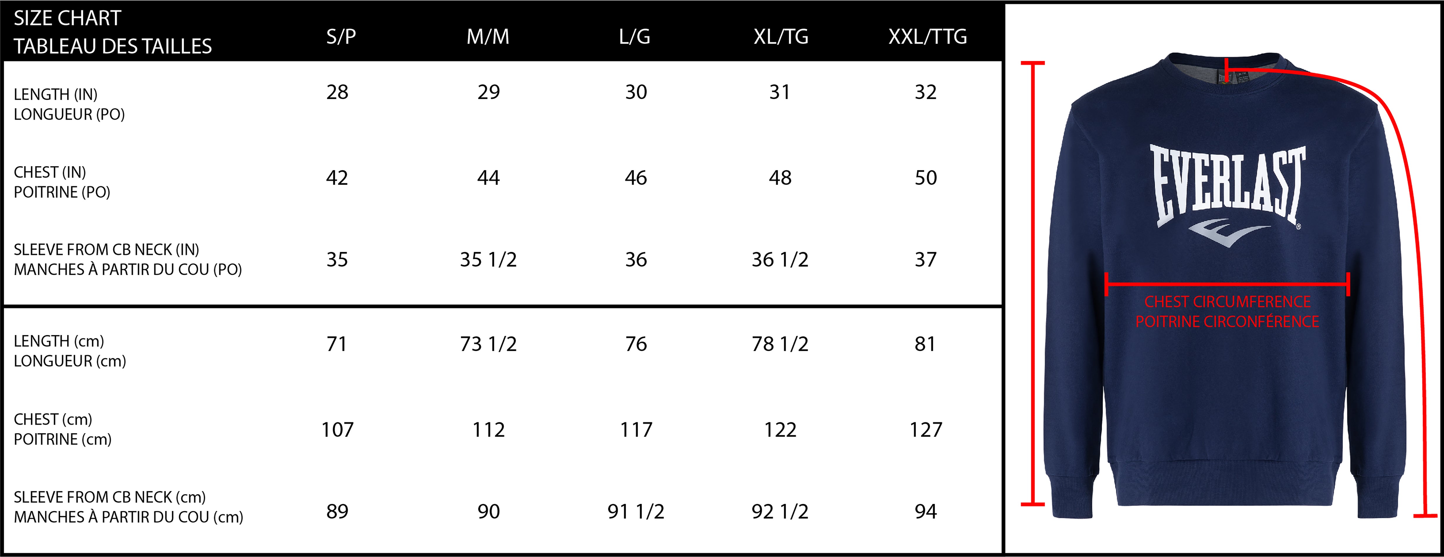 Men's French Terry Sweatshirt
 Size Chart” width=